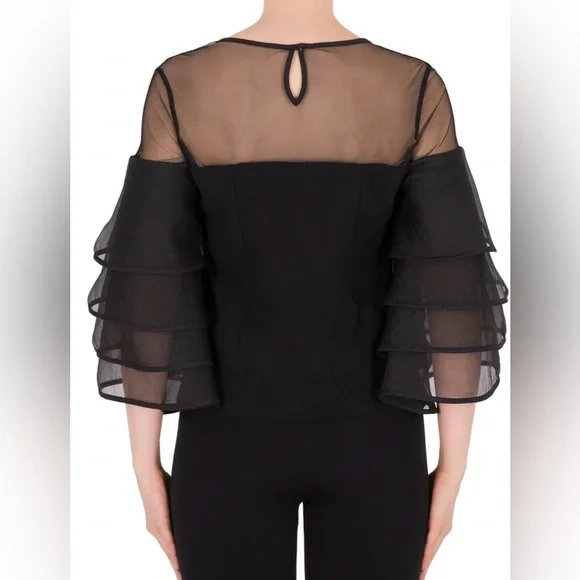 NWT NEW Joseph Ribkoff Chic Black Top Organza Neckline &Ruffled Sleeves 18 HTF